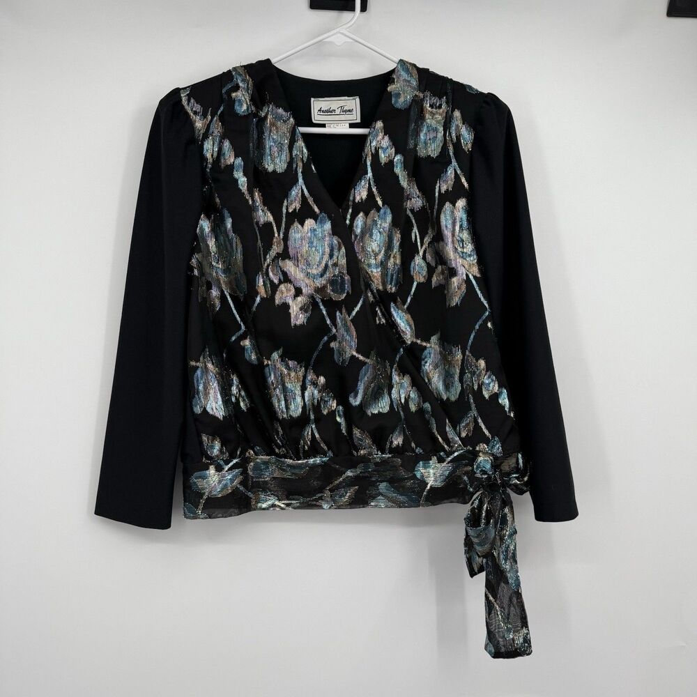 VTG Another Thyme Black LS Blouse Metallic Floral Fairy Gothic USA Art To Wear